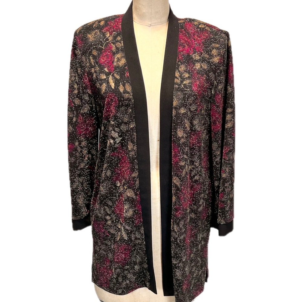 VINTAGE sparkly rose floral cardigan open front jacket long length‎ fancy party